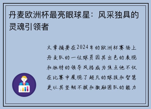 丹麦欧洲杯最亮眼球星：风采独具的灵魂引领者